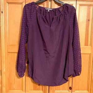 Daisy Fuentes Purple Silky Top With Long Sheer Polka Dot Sleeves Size S